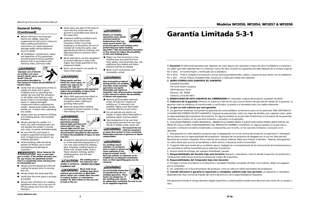 Campbell Hausfeld WF2054, WF2057, WF2050, WF2058 warranty Garantía Limitada, Quien Otorga Esta Garantia EL Garante, 39 Sp 