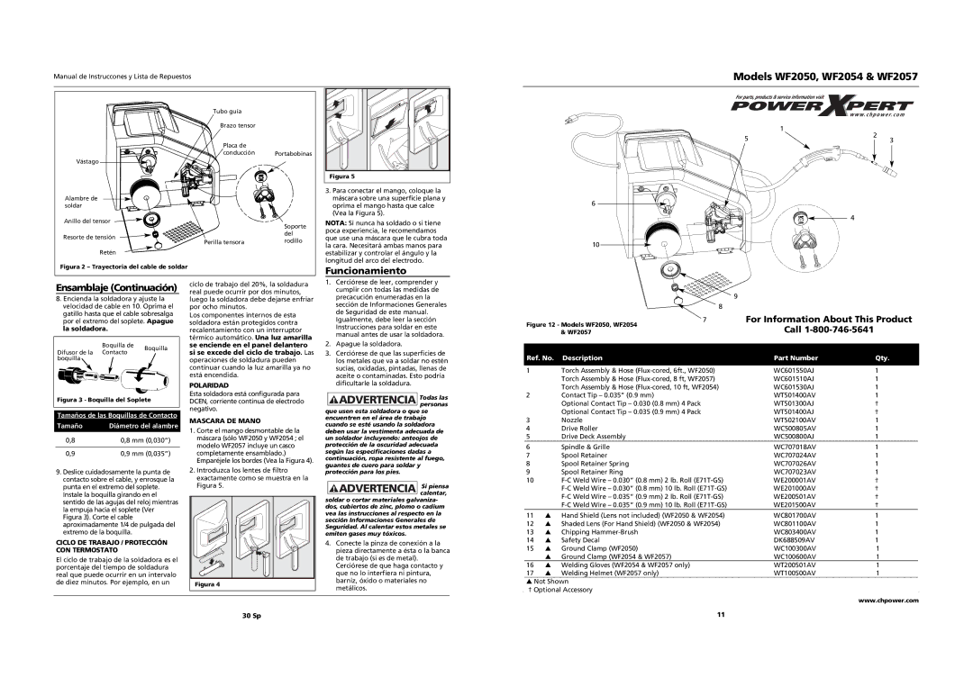 Campbell Hausfeld WF2054 Advertencia Todas las, Advertencia Si piensa, Funcionamiento Ensamblaje Continuación, Call 