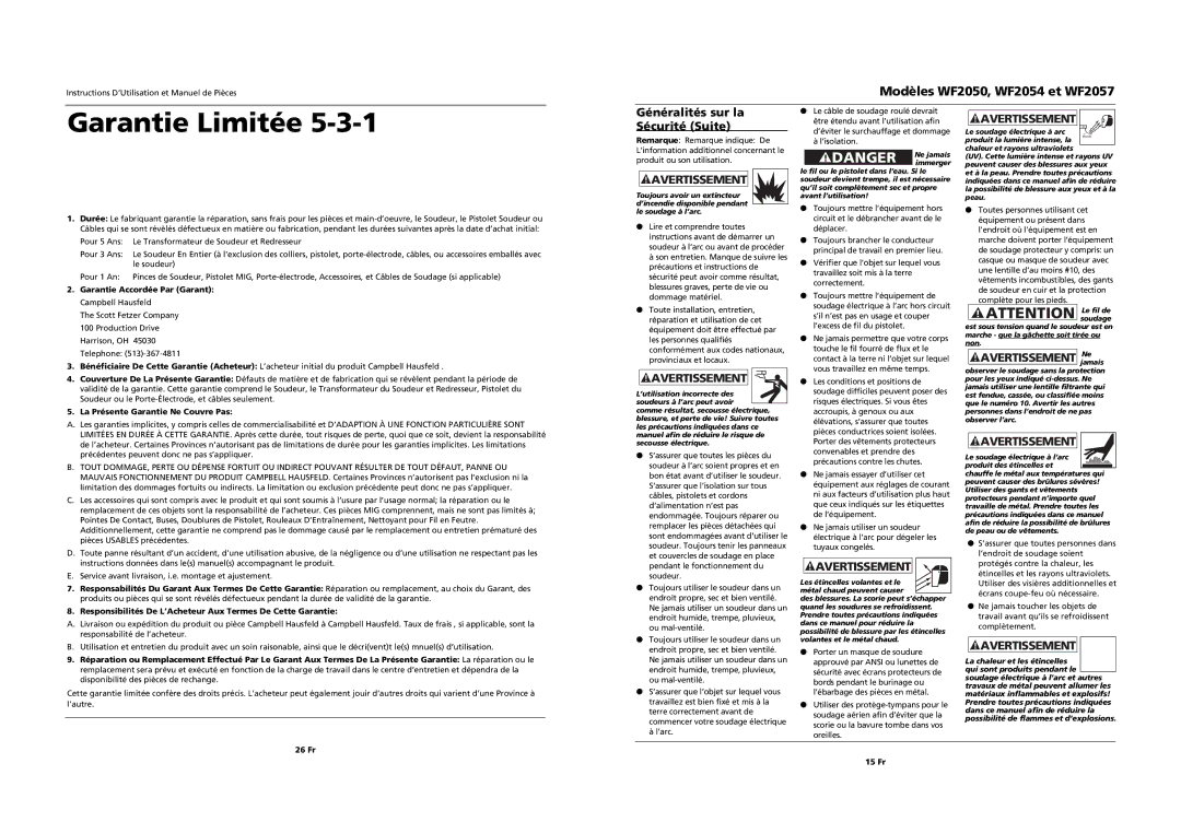 Campbell Hausfeld operating instructions Garantie Limitée, Modèles WF2050, WF2054 et WF2057, Avertissement jamaisNe 