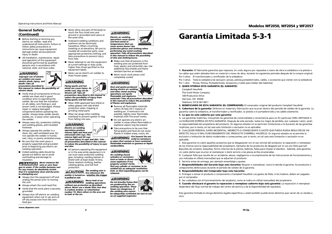 Campbell Hausfeld Garantía Limitada, Modelos WF2050, WF2054 y WF2057, Quien Otorga Esta Garantia EL Garante 