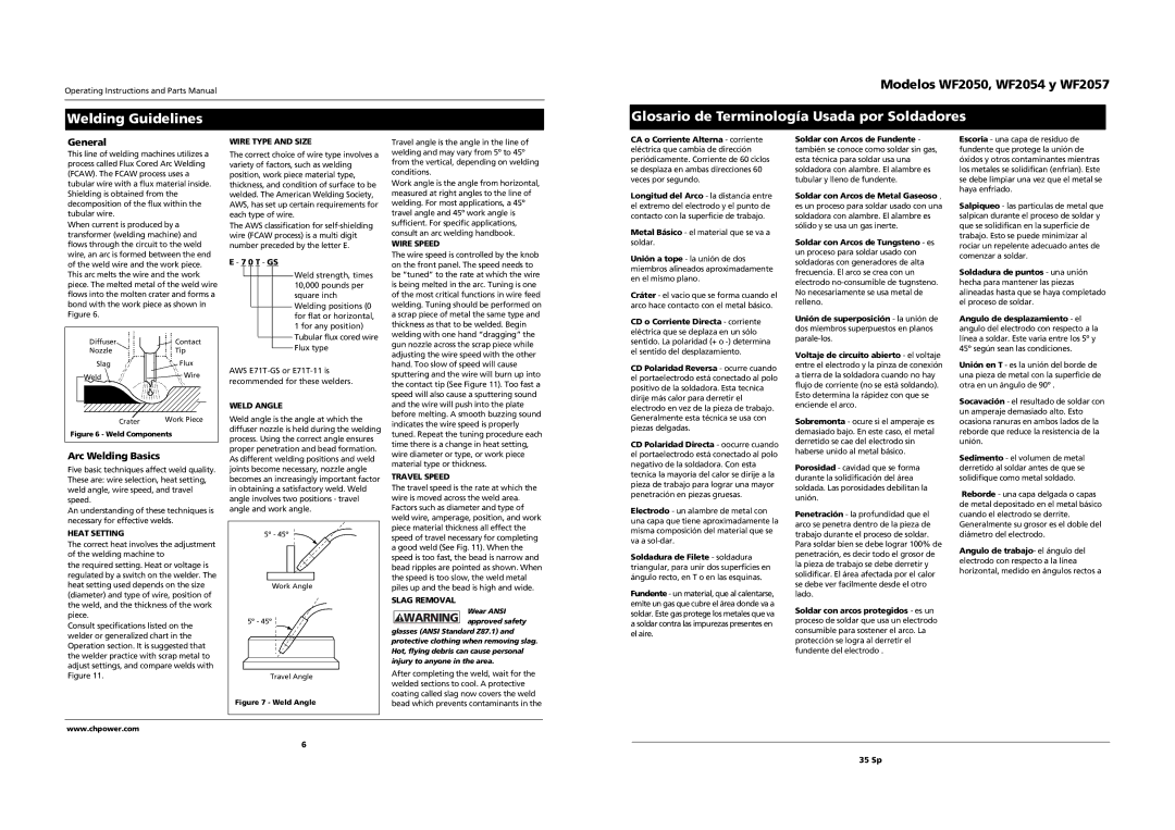 Campbell Hausfeld WF2057, WF2050, WF2054 General, Arc Welding Basics, Heat Setting, Wire Type and Size, Weld Angle 