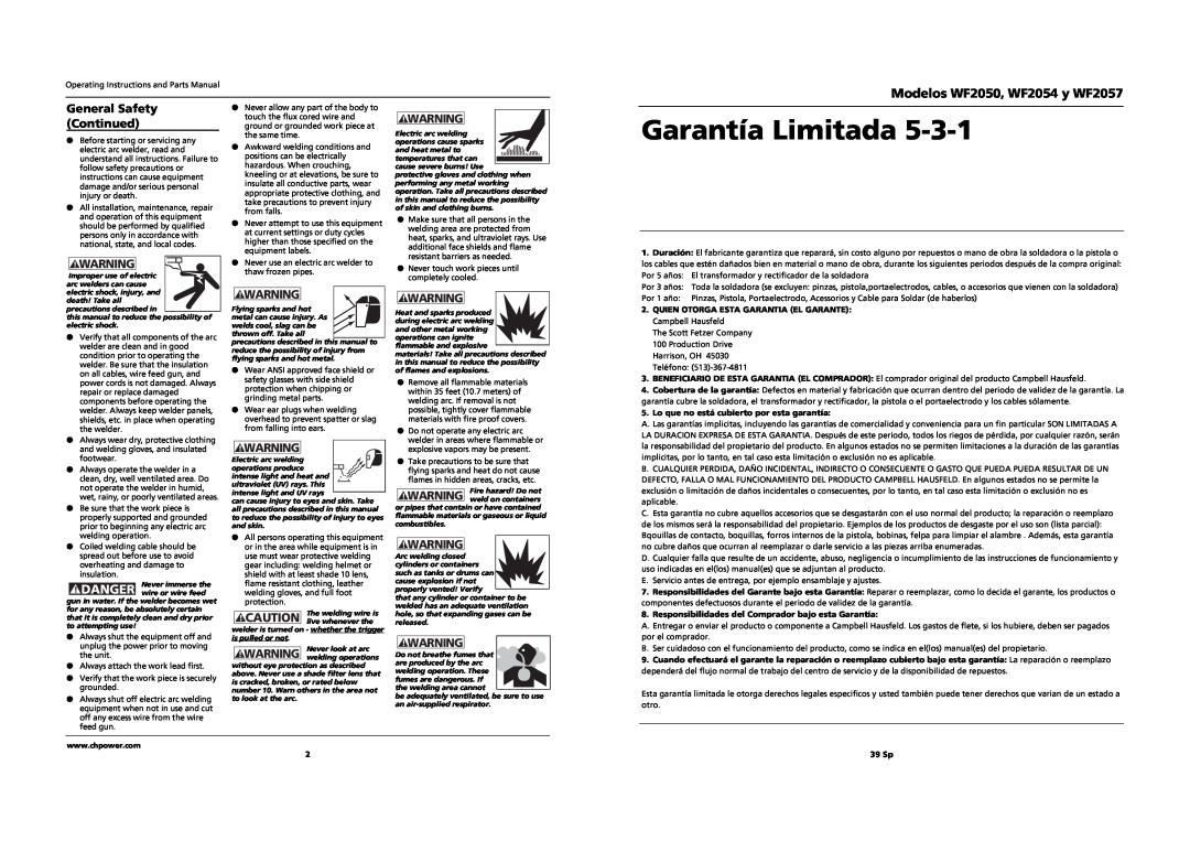 Campbell Hausfeld operating instructions Garantía Limitada, Modelos WF2050, WF2054 y WF2057, General Safety Continued 