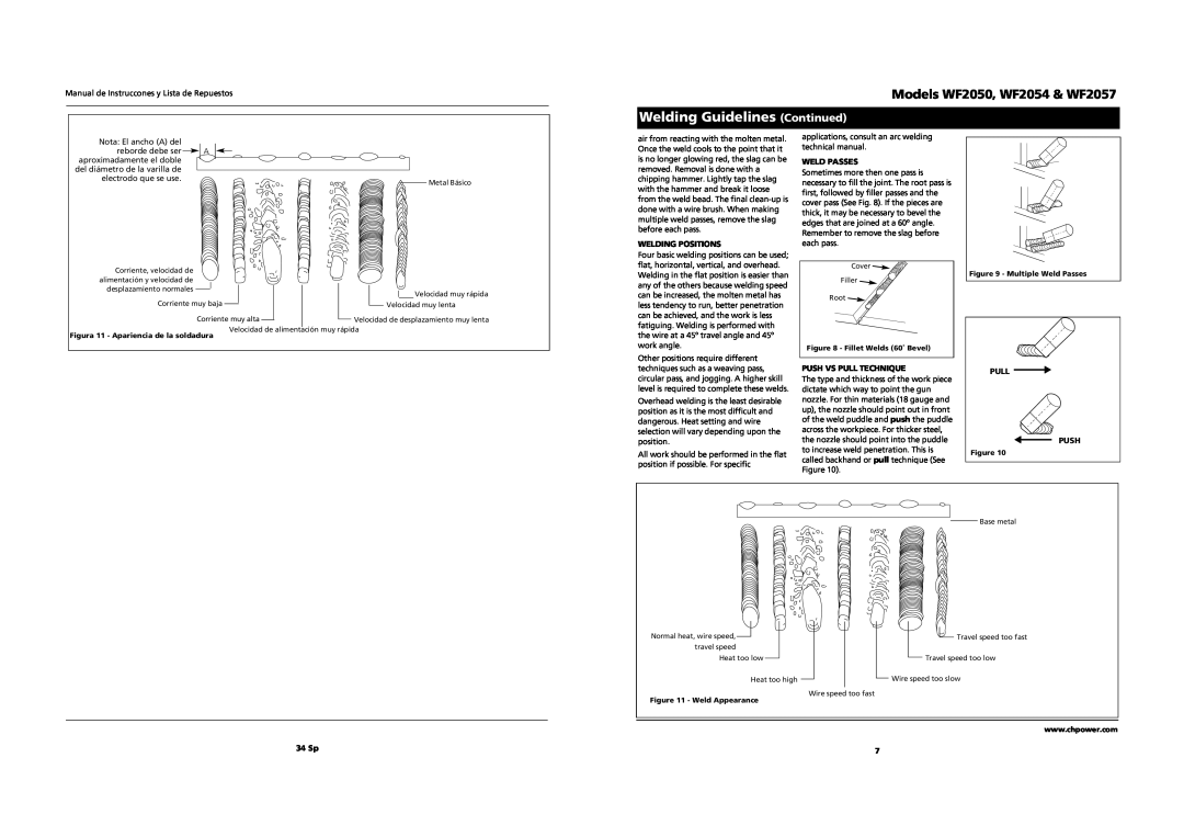 Campbell Hausfeld Welding Guidelines Continued, Models WF2050, WF2054 & WF2057, Welding Positions, Weld Passes, 34 Sp 