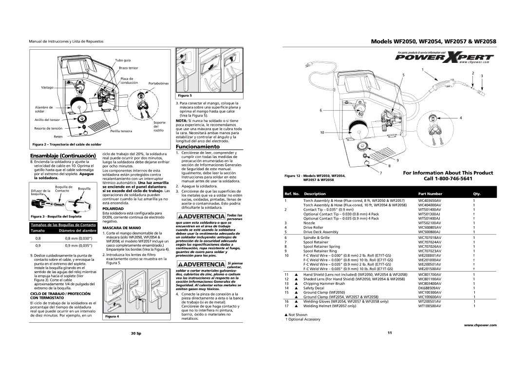 Campbell Hausfeld WF2058 Advertencia Todas las, Advertencia Si piensa, Funcionamiento Ensamblaje Continuación, Call 