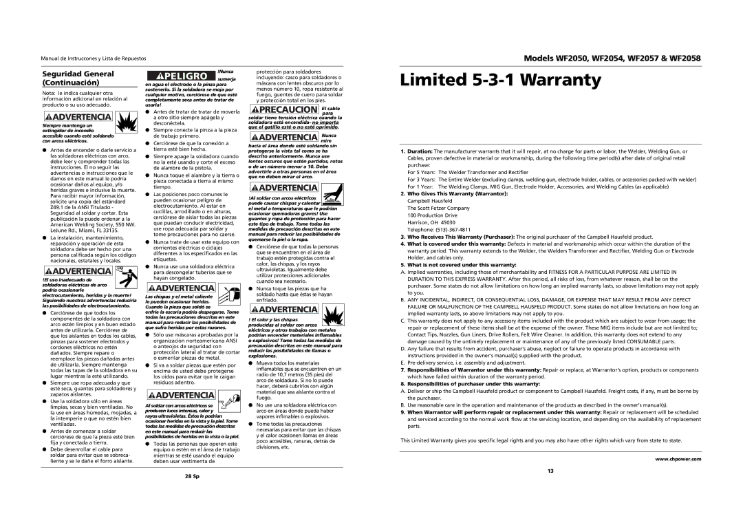 Campbell Hausfeld WF2058 Limited 5-3-1 Warranty, Advertencia mireNunca, Seguridad General Continuación 