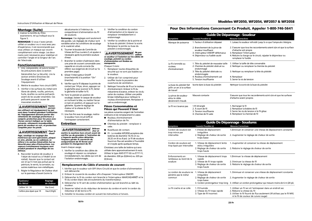 Campbell Hausfeld WF2058 Fonctionnement, Entretien, Remplacement du Câble d’amenée de courant, 18 Fr 23 Fr 