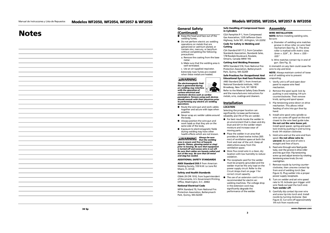 Campbell Hausfeld WF2058 operating instructions Assembly, Additional Safety Standards, Location, Wire Installation 