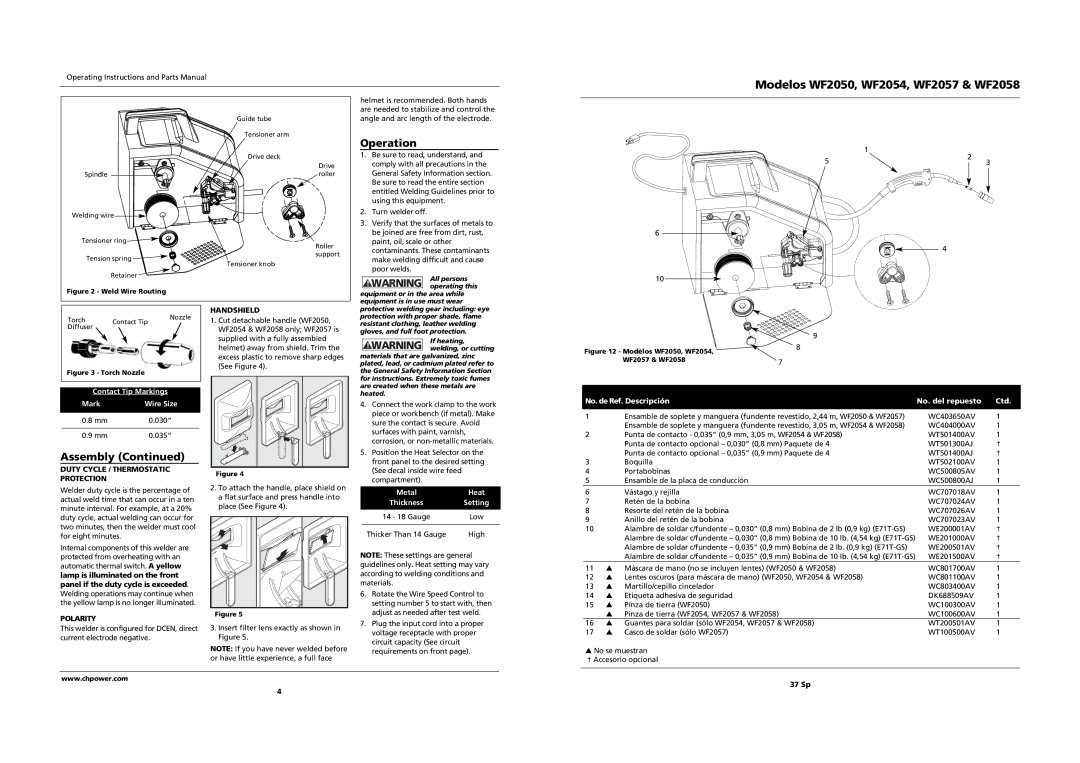 Campbell Hausfeld WF2058 operating instructions Operation, Duty Cycle / Thermostatic Protection Handshield, Polarity 