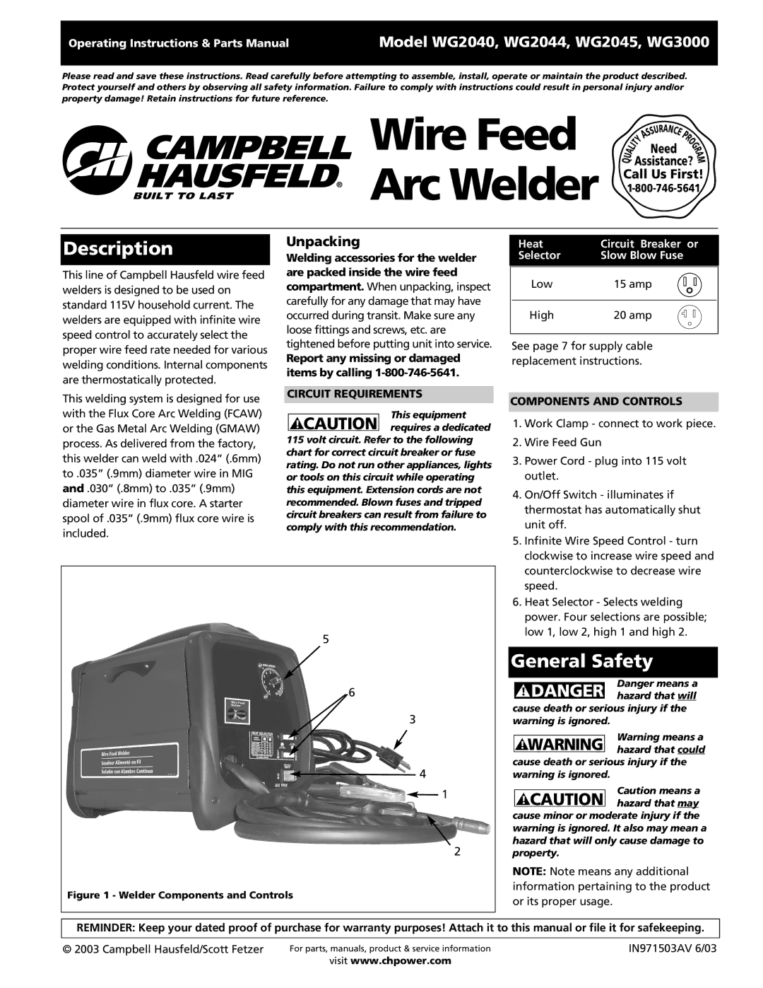 Campbell Hausfeld WG2045 manual Description, General Safety, Unpacking, Circuit Requirements, Components and Controls 