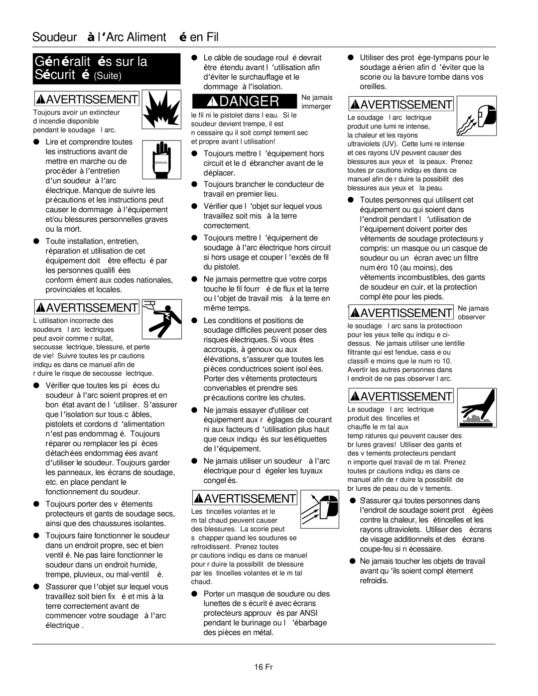 Campbell Hausfeld WG3000, WG2045, WG2044, WG2040 manual Généralités sur la Sécurité Suite, 16 Fr 