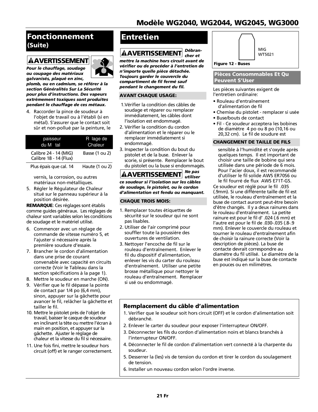 Campbell Hausfeld WG2045, WG3000, WG2044 Remplacement du câble d’alimentation, Pièces Consommables Et Qu, Peuvent S’User 