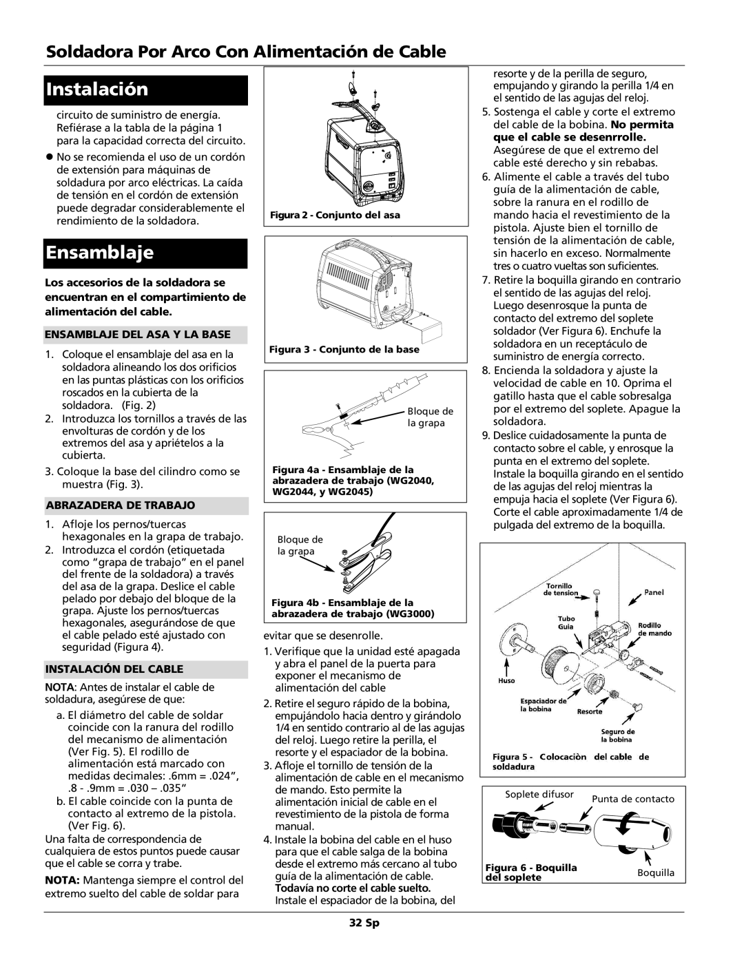 Campbell Hausfeld WG3000, WG2045, WG2044 Ensamblaje DEL ASA Y LA Base, Abrazadera DE Trabajo, Instalación DEL Cable 