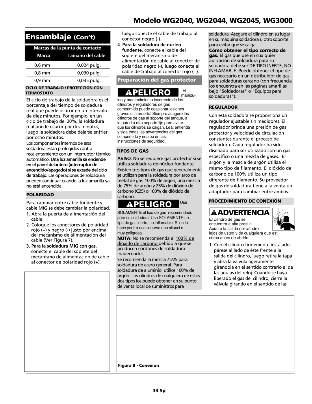 Campbell Hausfeld WG2045, WG3000, WG2044, WG2040 manual Ensamblaje Con’t, Preparación del gas protector 