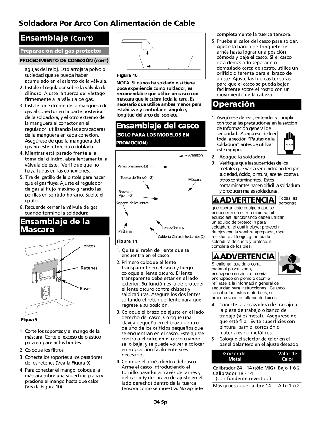 Campbell Hausfeld WG2044 manual Ensamblaje de la Mascara, Ensamblaje del casco, Operación, Procedimiento DE Conexión CON’T 