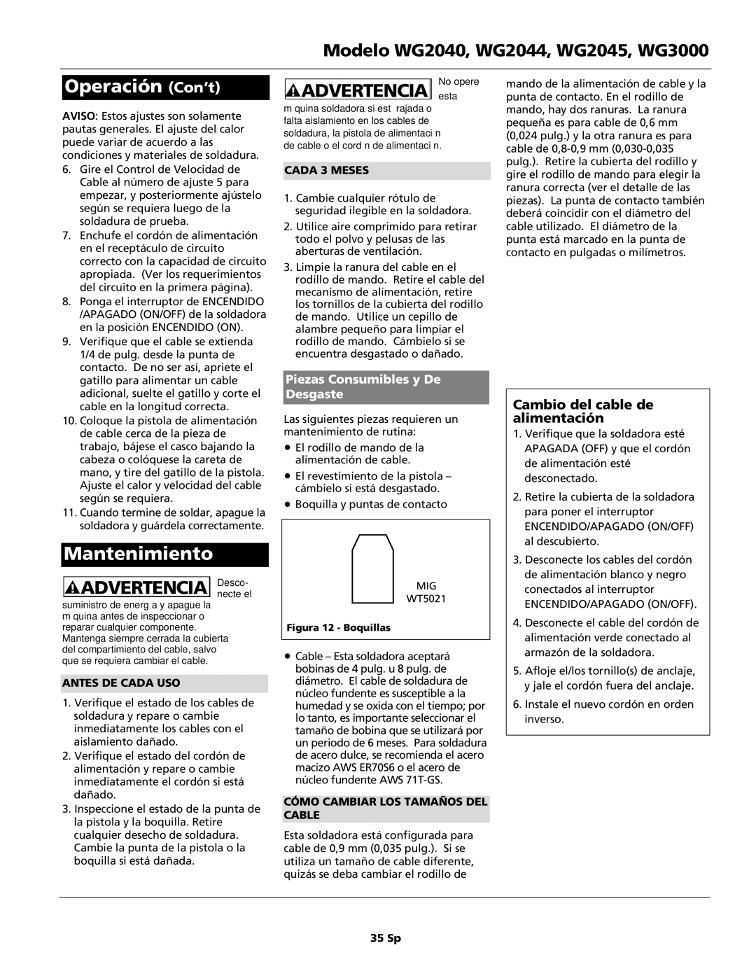 Campbell Hausfeld WG2040, WG3000, WG2045, WG2044 manual Operación Con’t, Mantenimiento, Cambio del cable de alimentación 