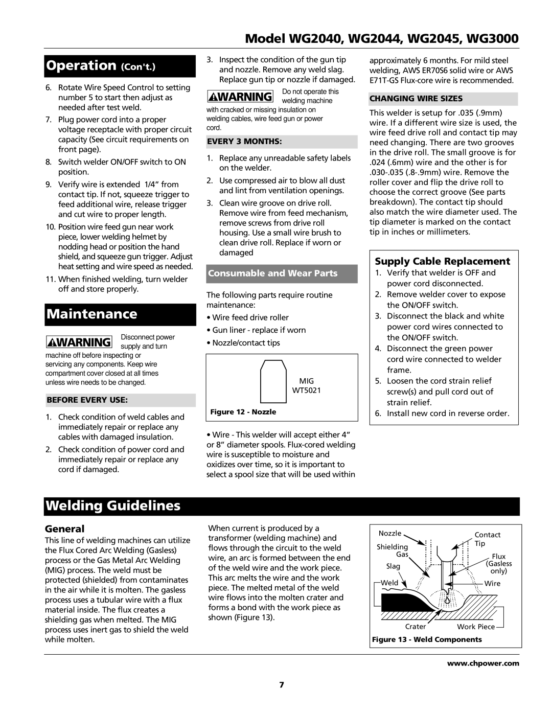 Campbell Hausfeld WG2040 Maintenance, Welding Guidelines, Supply Cable Replacement, General, Consumable and Wear Parts 