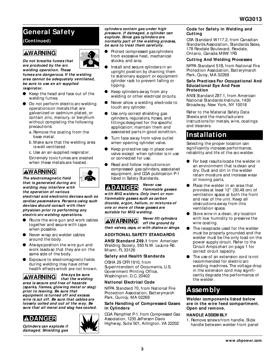 Campbell Hausfeld WG3013 operating instructions Installation, Additional Safety Standards, Handle Assembly 