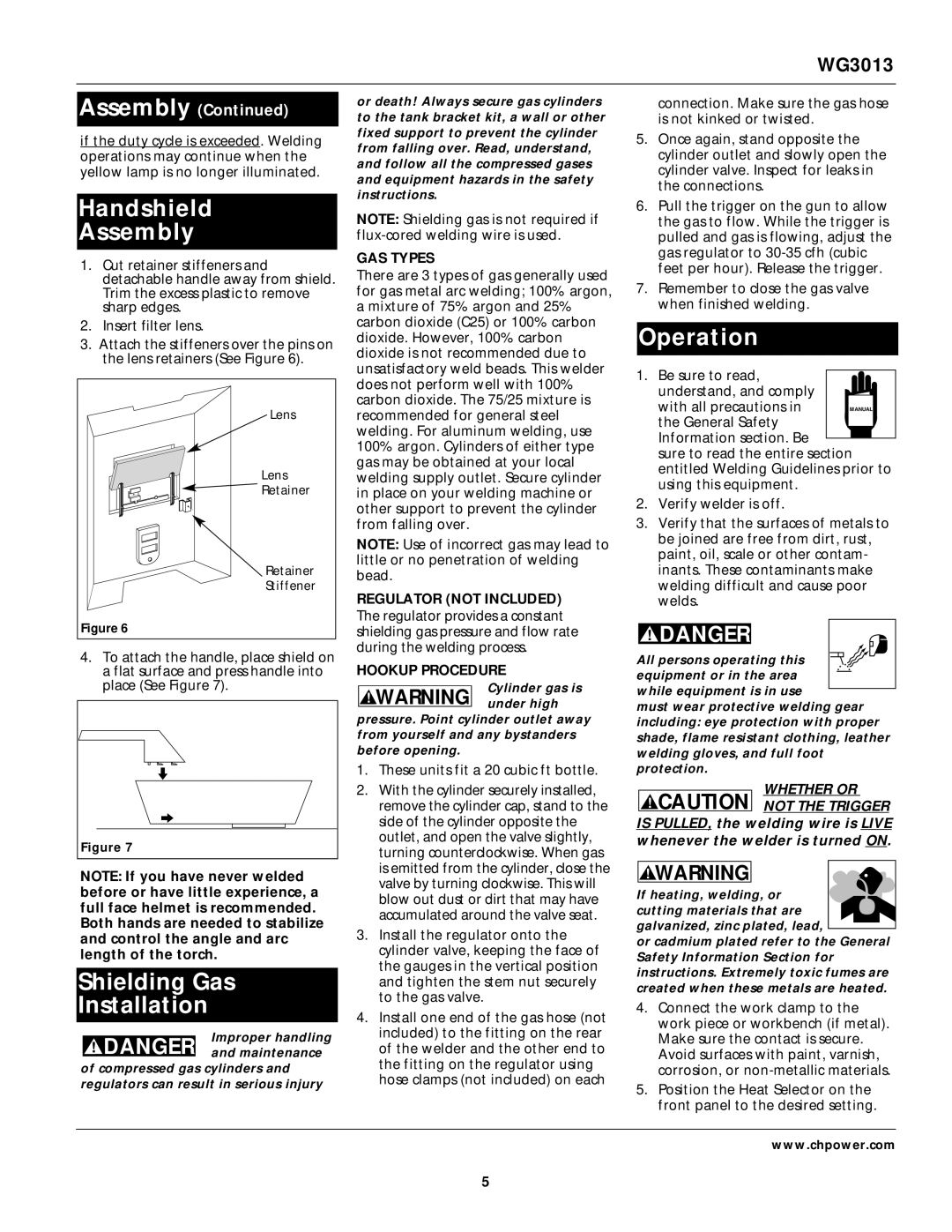 Campbell Hausfeld WG3013 Handshield Assembly, Shielding Gas Installation, Operation, GAS Types, Hookup Procedure 