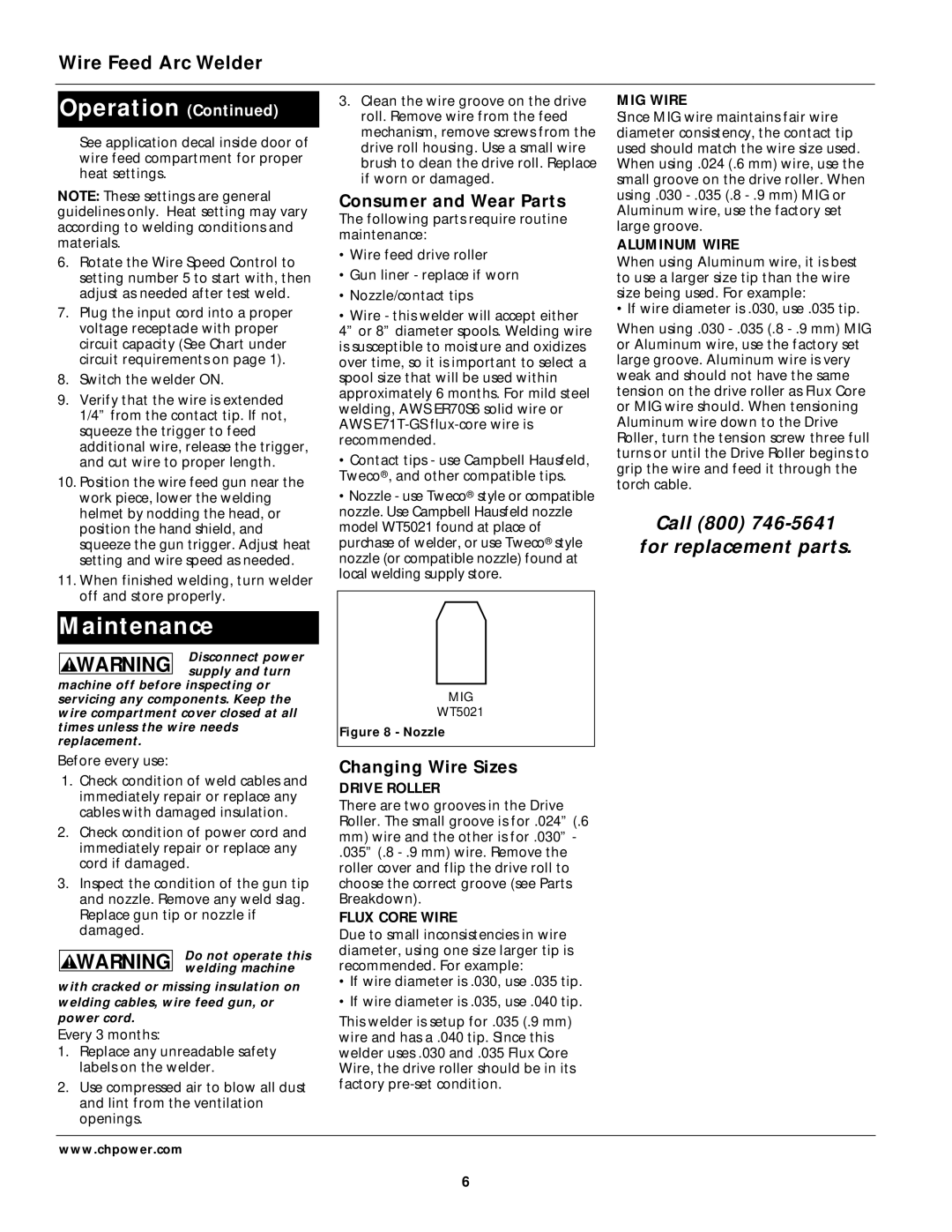 Campbell Hausfeld WG3013 operating instructions Maintenance, Consumer and Wear Parts, Changing Wire Sizes 