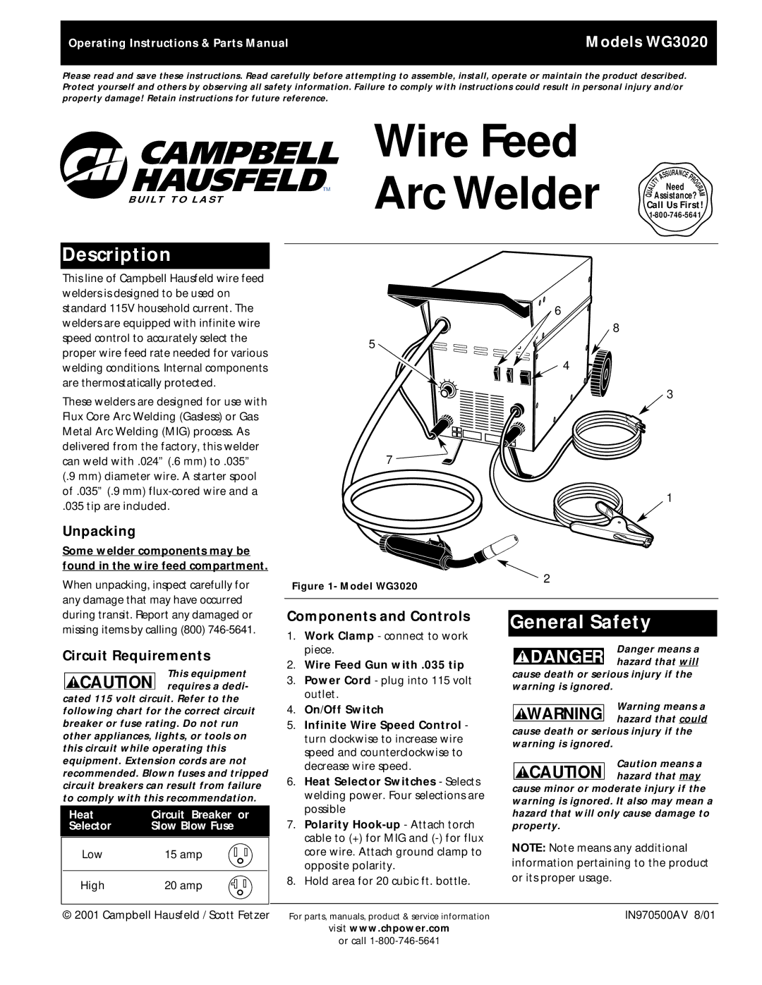 Campbell Hausfeld WG3020 operating instructions Description, General Safety, Unpacking, Circuit Requirements 