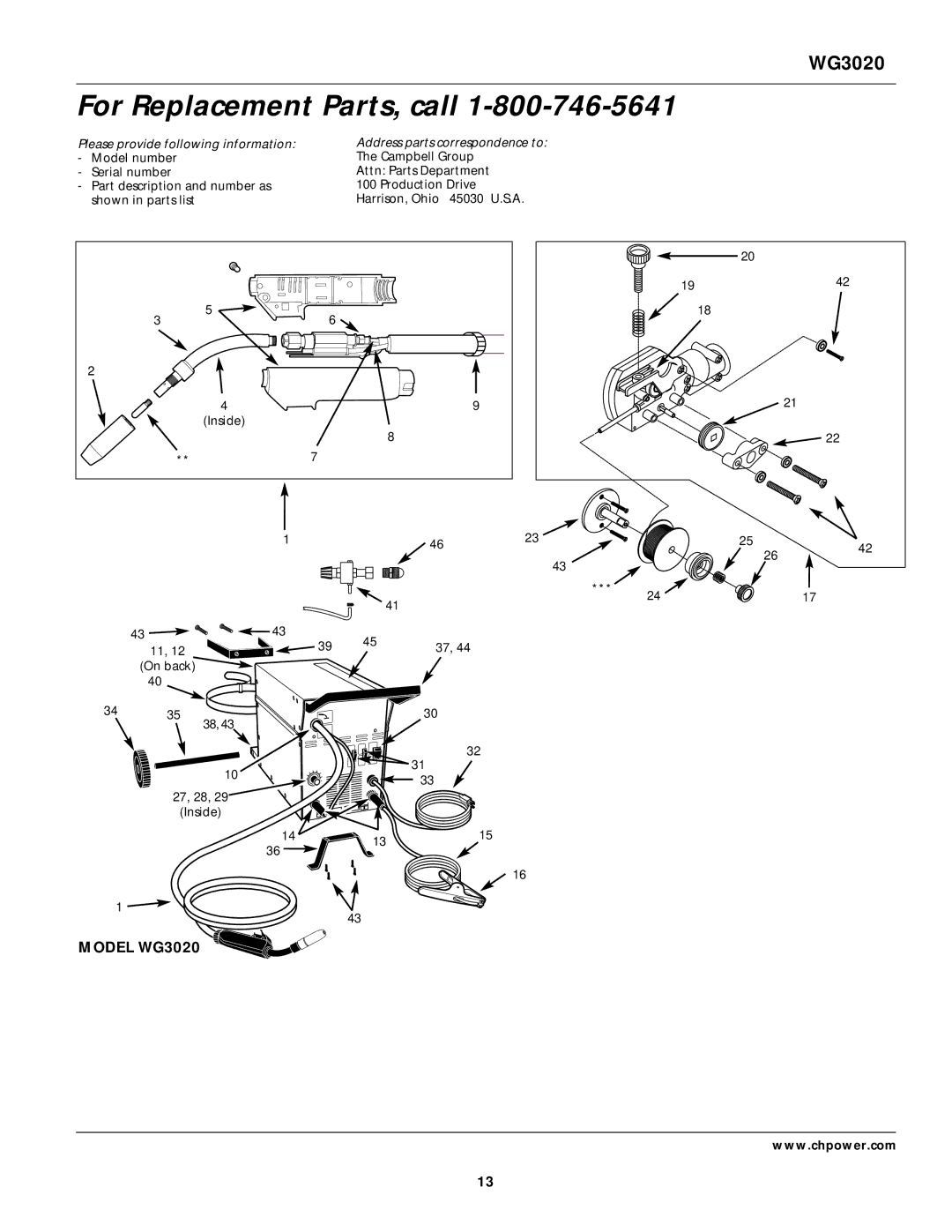 Campbell Hausfeld WG3020 operating instructions For Replacement Parts, call 