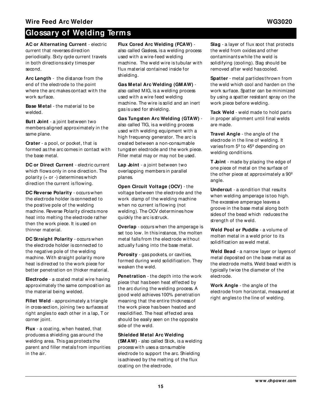 Campbell Hausfeld WG3020 operating instructions Glossary of Welding Terms, Shielded Metal Arc Welding 