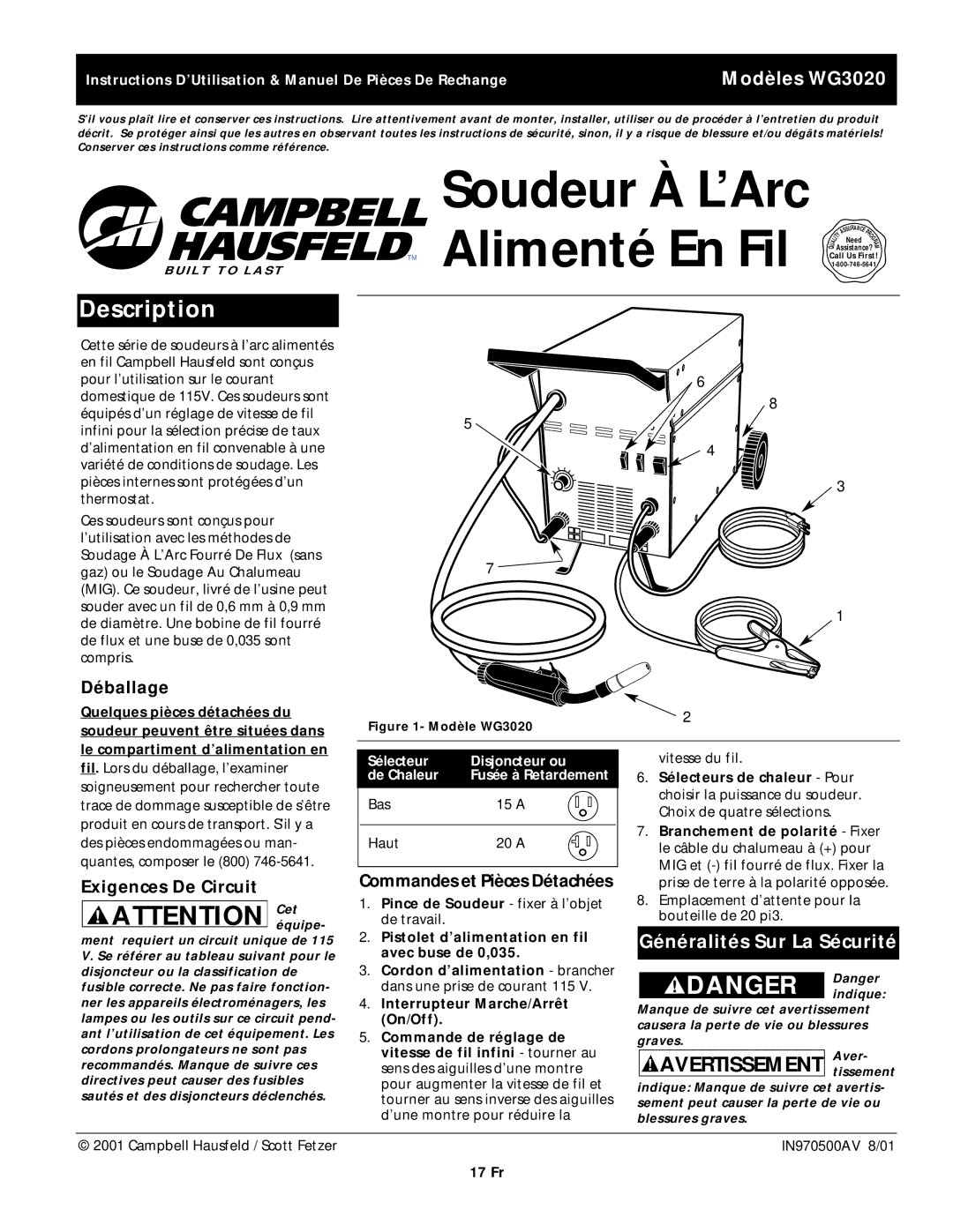 Campbell Hausfeld WG3020 Sélecteurs de chaleur Pour, Branchement de polarité Fixer, Pistolet d’alimentation en fil, On/Off 