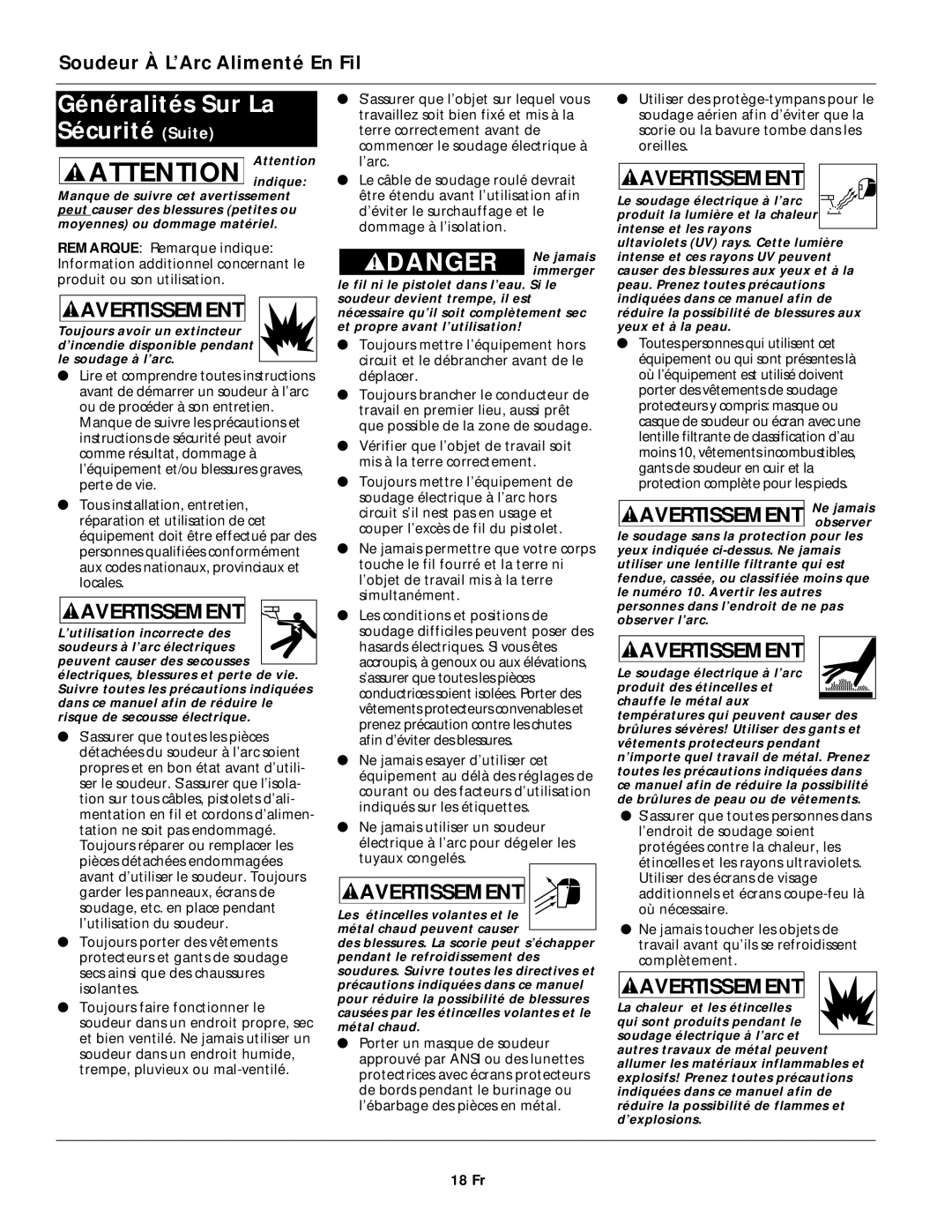 Campbell Hausfeld WG3020 operating instructions Généralités Sur La Sécurité Suite, 18 Fr 