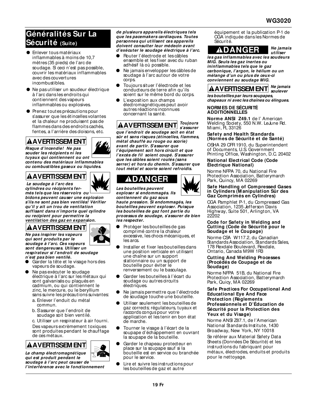 Campbell Hausfeld WG3020 Normes DE Sécurité Additionnelles, National Electrical Code Code Électrique National, 19 Fr 