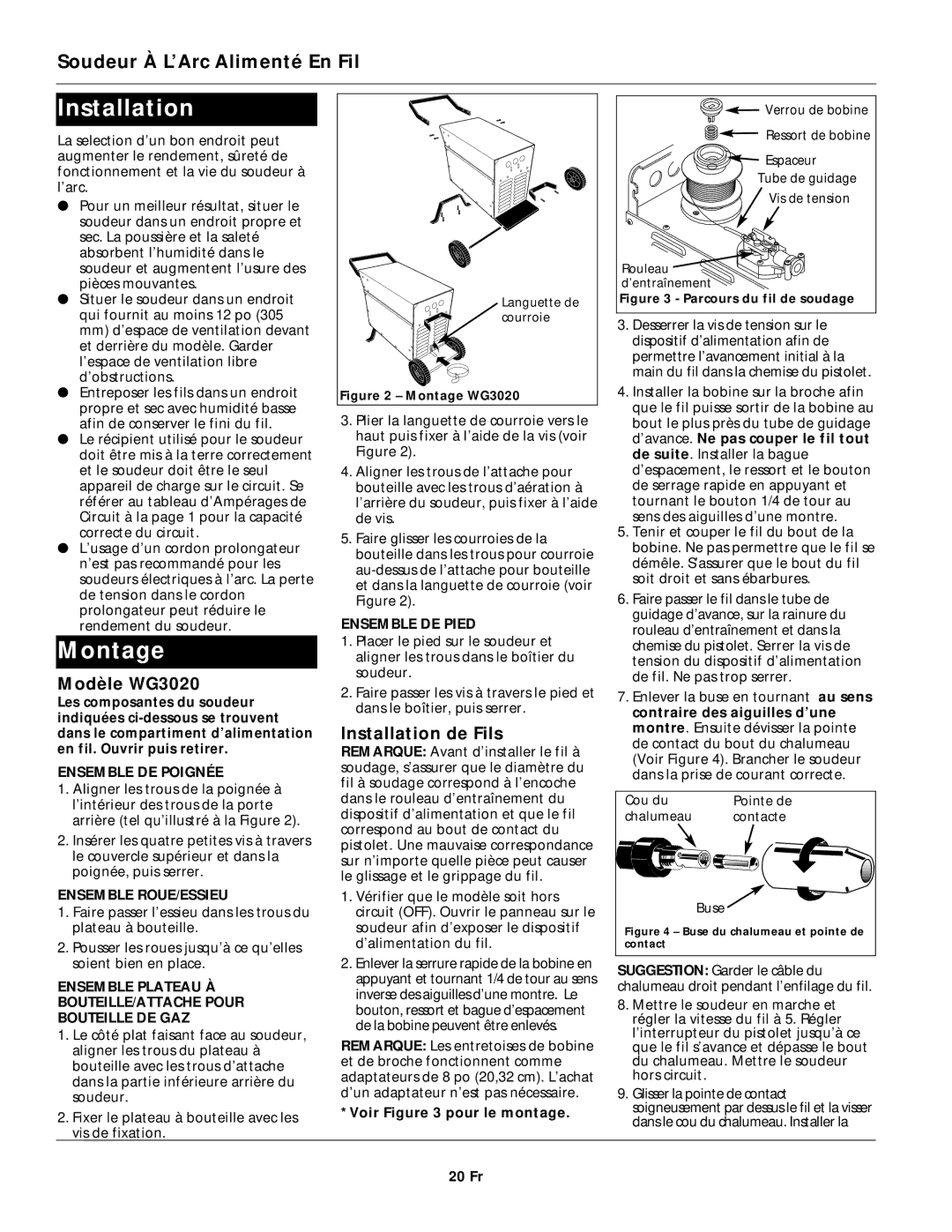 Campbell Hausfeld operating instructions Montage, Modèle WG3020, Installation de Fils 