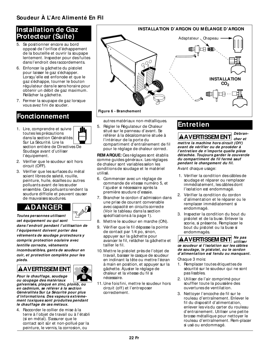 Campbell Hausfeld WG3020 operating instructions Installation de Gaz Protecteur Suite, Fonctionnement, 22 Fr 