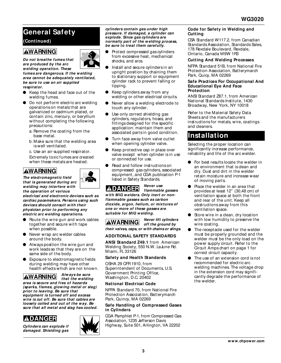 Campbell Hausfeld WG3020 operating instructions Installation, Additional Safety Standards 