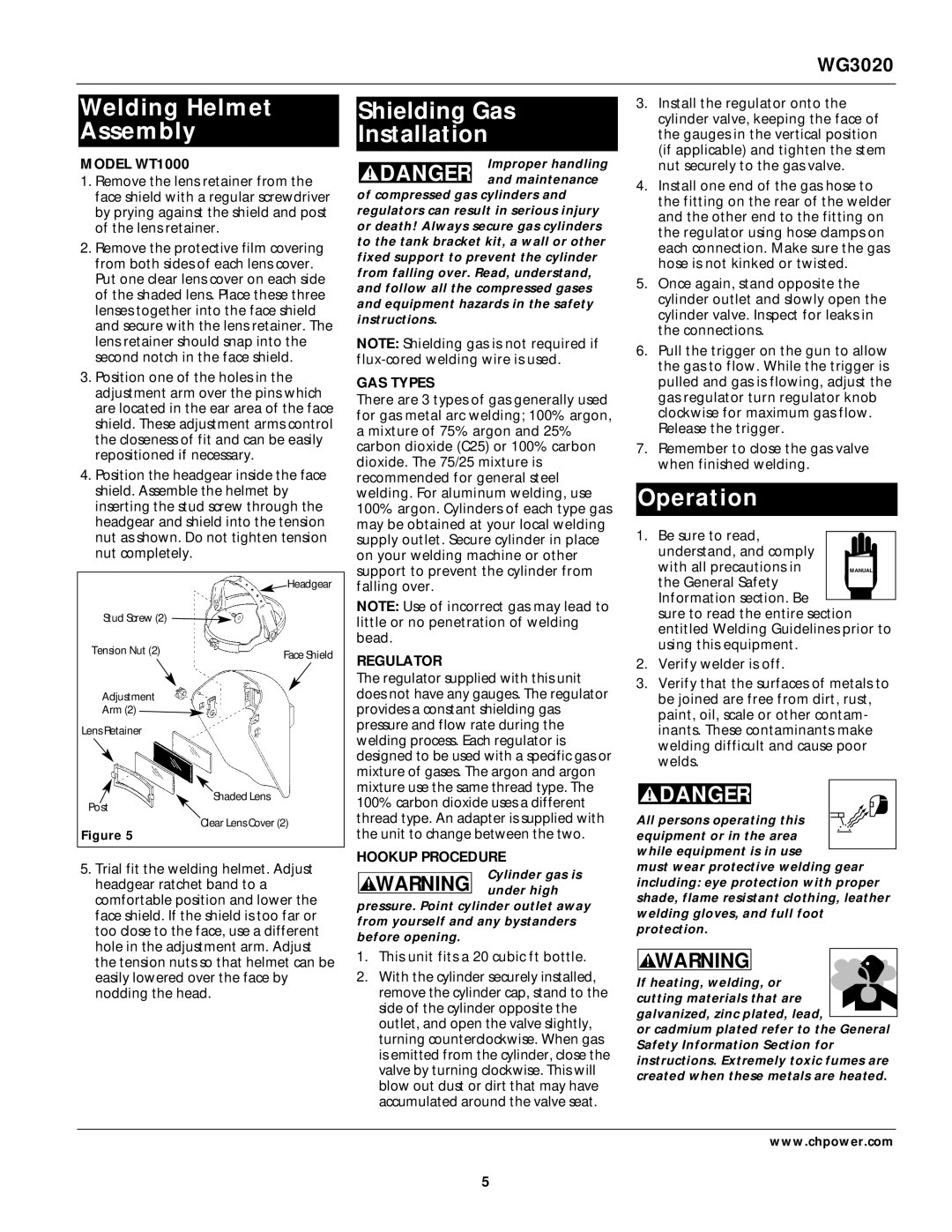 Campbell Hausfeld WG3020 operating instructions Welding Helmet Assembly, Shielding Gas Installation, Operation 