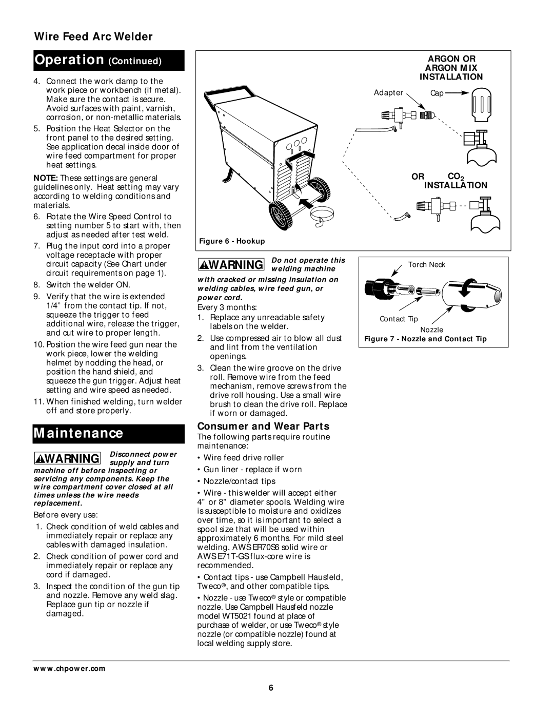 Campbell Hausfeld WG3020 operating instructions Maintenance, Consumer and Wear Parts, Installation, CO2 