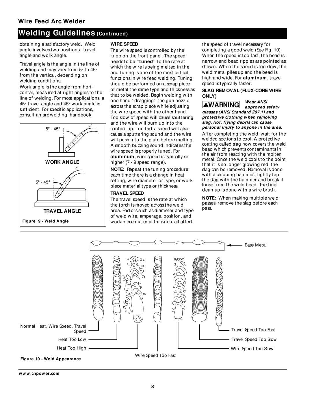 Campbell Hausfeld WG3020 operating instructions Wire Speed, Travel Speed, Slag Removal FLUX-CORE Wire only 