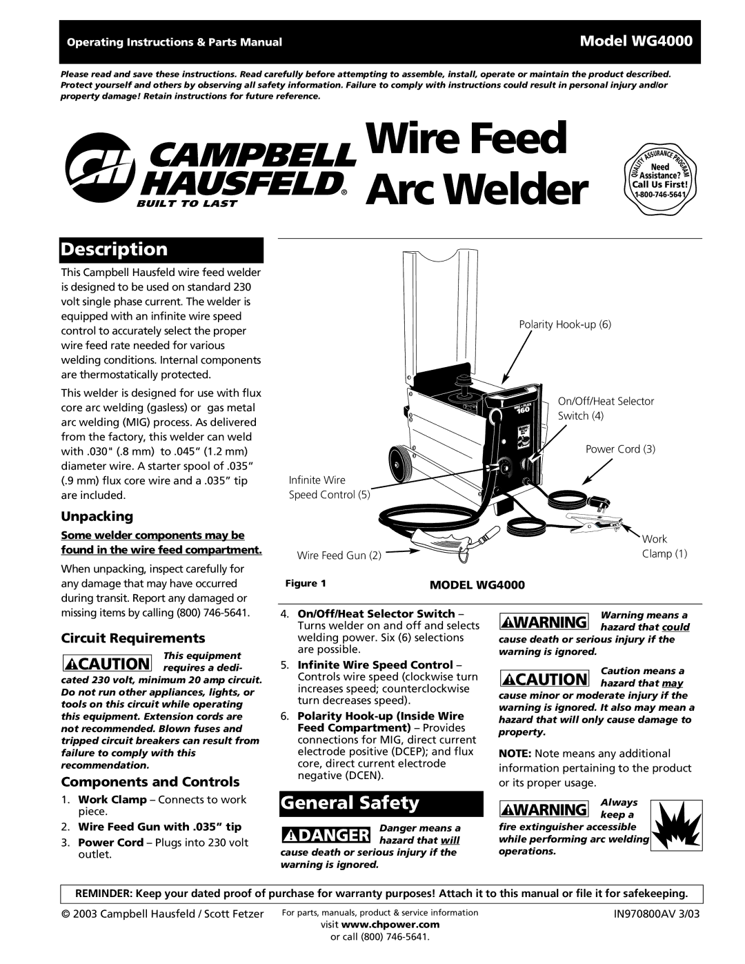 Campbell Hausfeld WG4000 operating instructions Description, General Safety, Unpacking, Circuit Requirements 