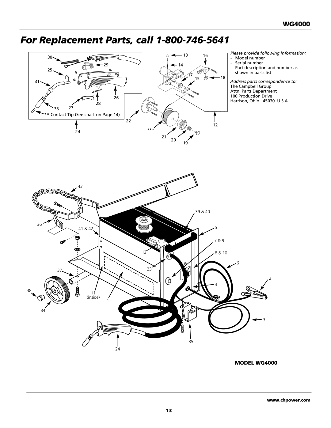 Campbell Hausfeld WG4000 operating instructions For Replacement Parts, call 