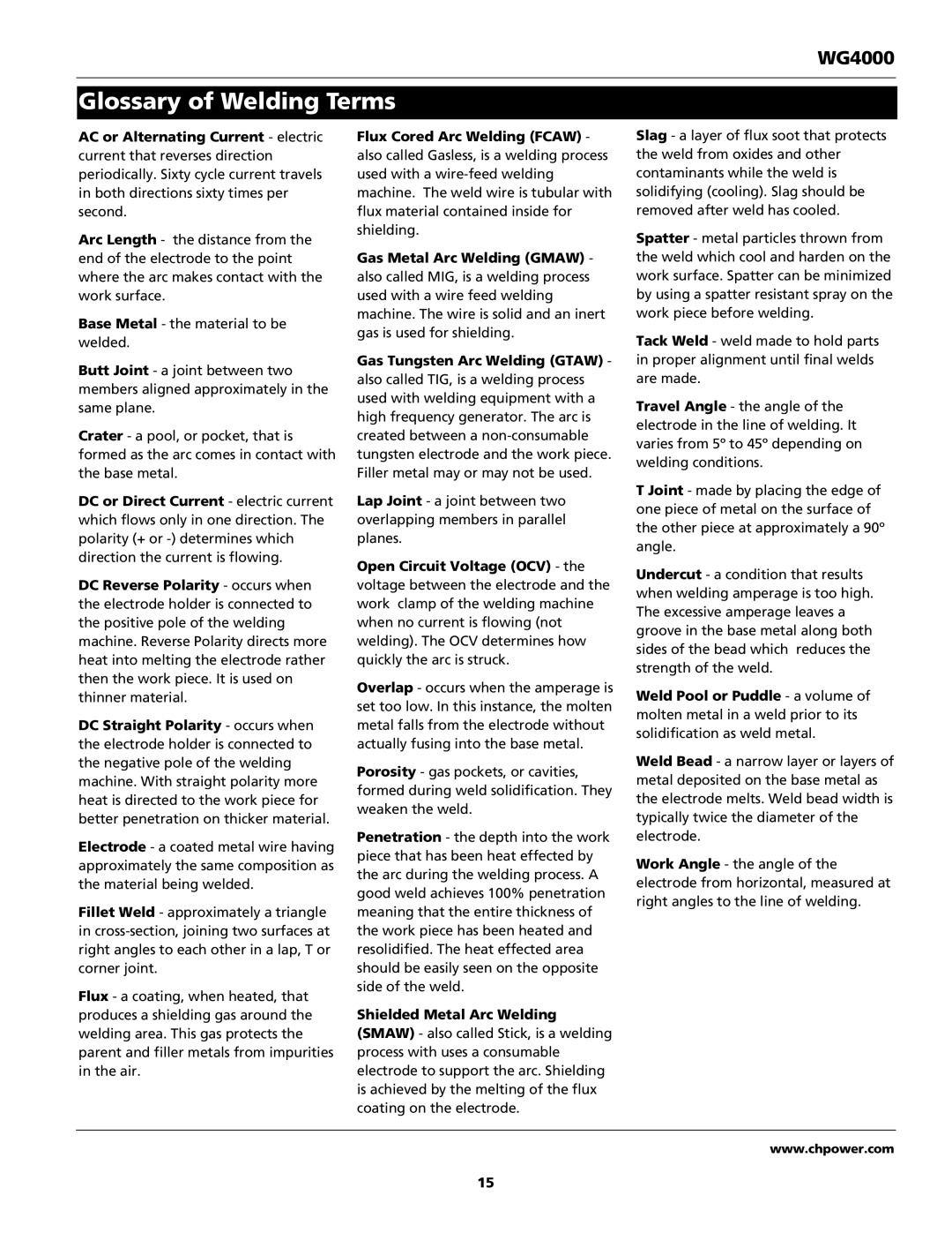 Campbell Hausfeld WG4000 operating instructions Glossary of Welding Terms, Shielded Metal Arc Welding 