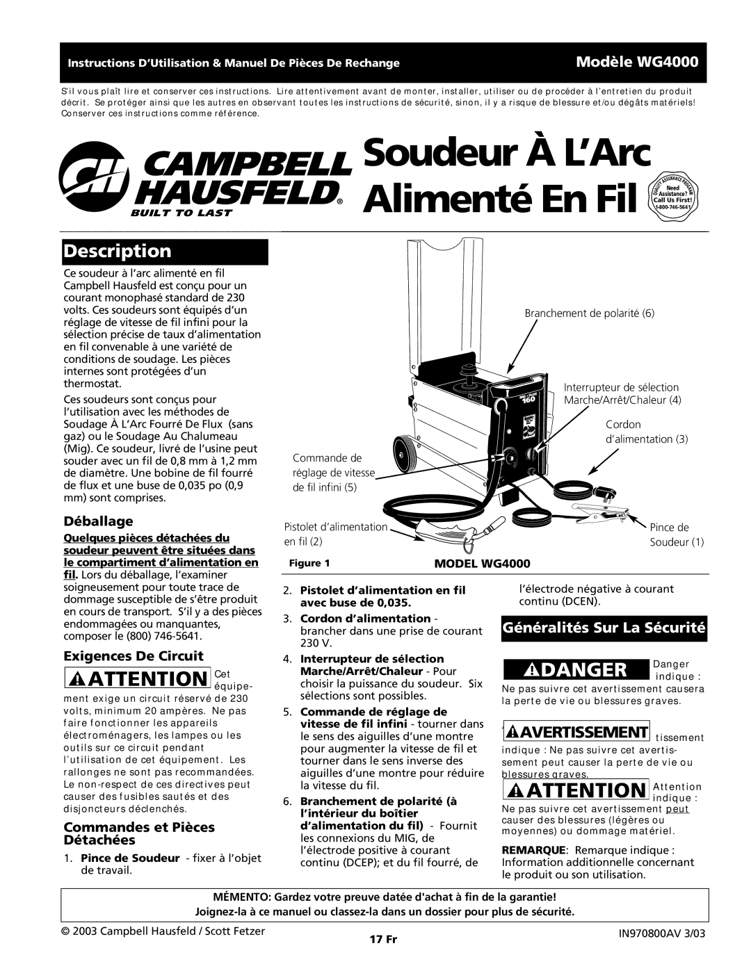 Campbell Hausfeld operating instructions Modèle WG4000, 17 Fr 