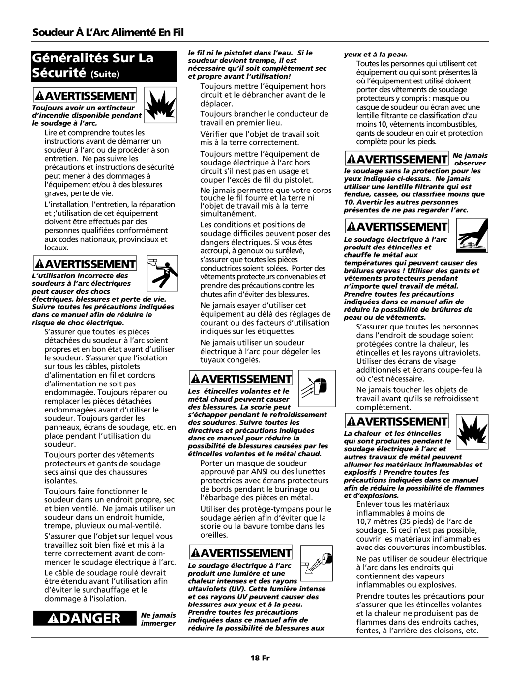 Campbell Hausfeld WG4000 operating instructions Généralités Sur La Sécurité Suite, 18 Fr 