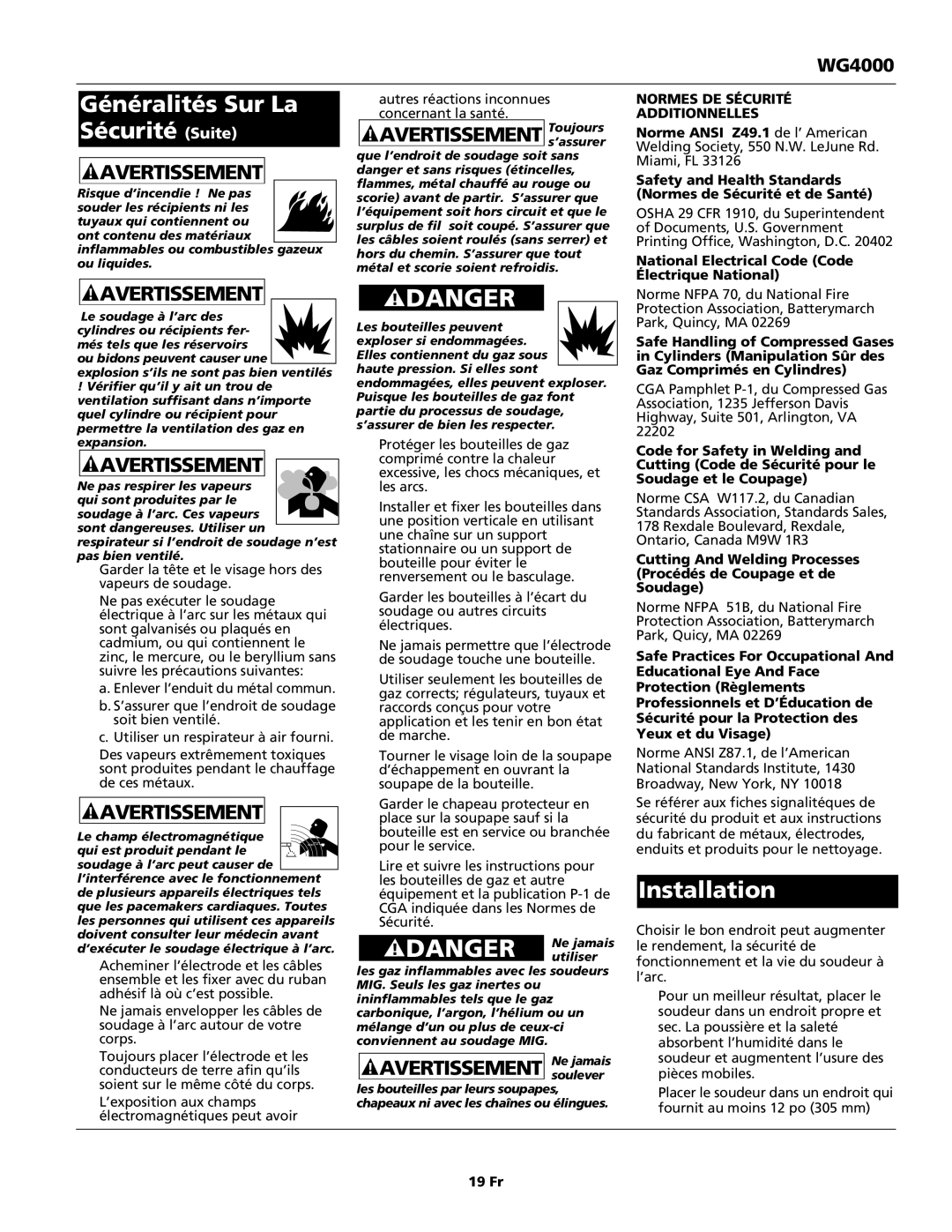 Campbell Hausfeld WG4000 operating instructions Avertissement Toujourss’assurer, Normes DE Sécurité Additionnelles, 19 Fr 