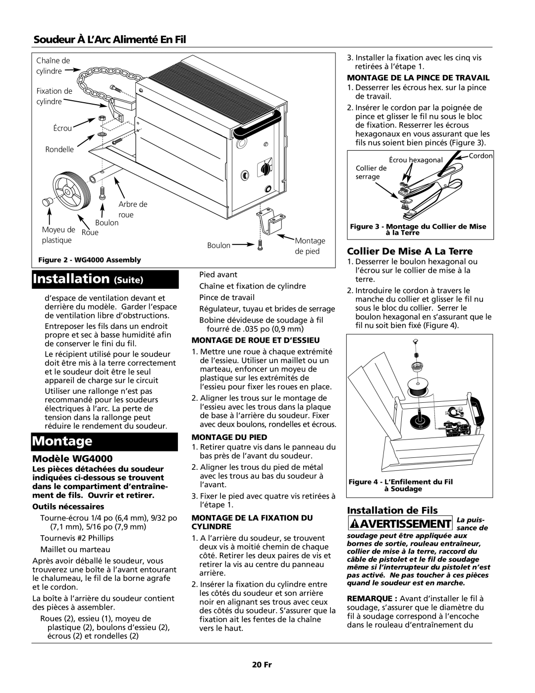 Campbell Hausfeld operating instructions Montage, Collier De Mise a La Terre, Modèle WG4000 