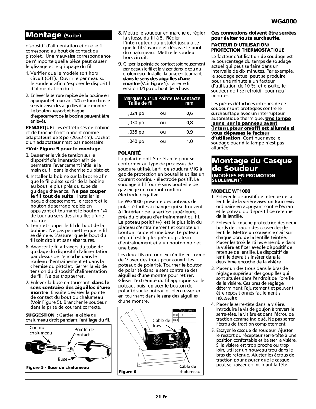 Campbell Hausfeld WG4000 operating instructions Montage Suite, Montage du Casque de Soudeur, Polarité, Modèle WT1000 