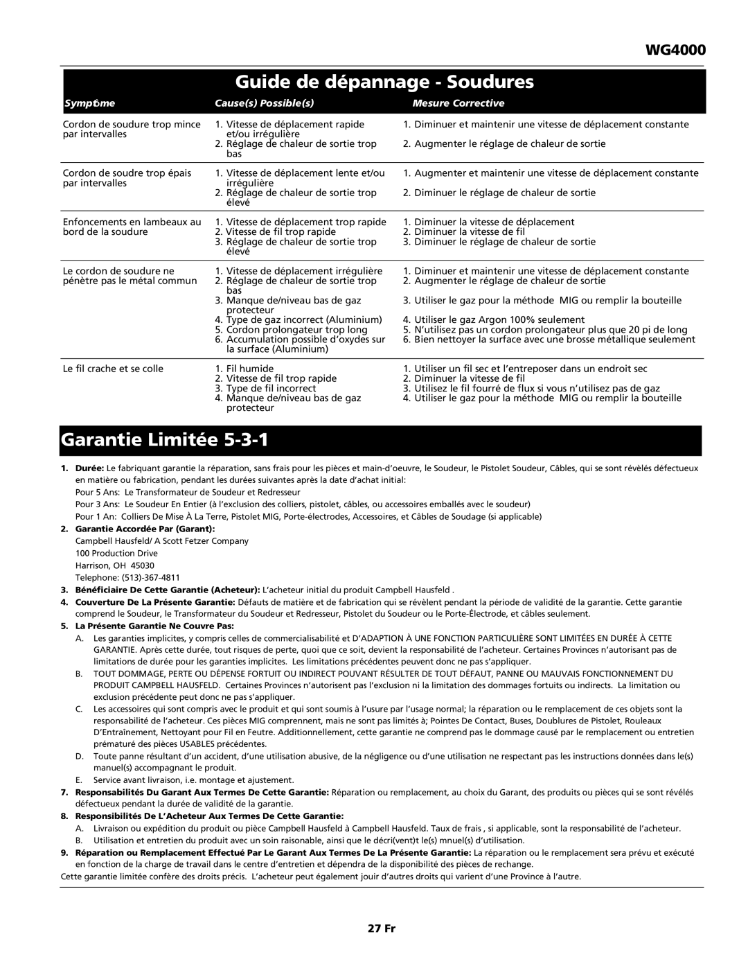 Campbell Hausfeld WG4000 operating instructions Guide de dépannage Soudures, Garantie Limitée, 27 Fr 