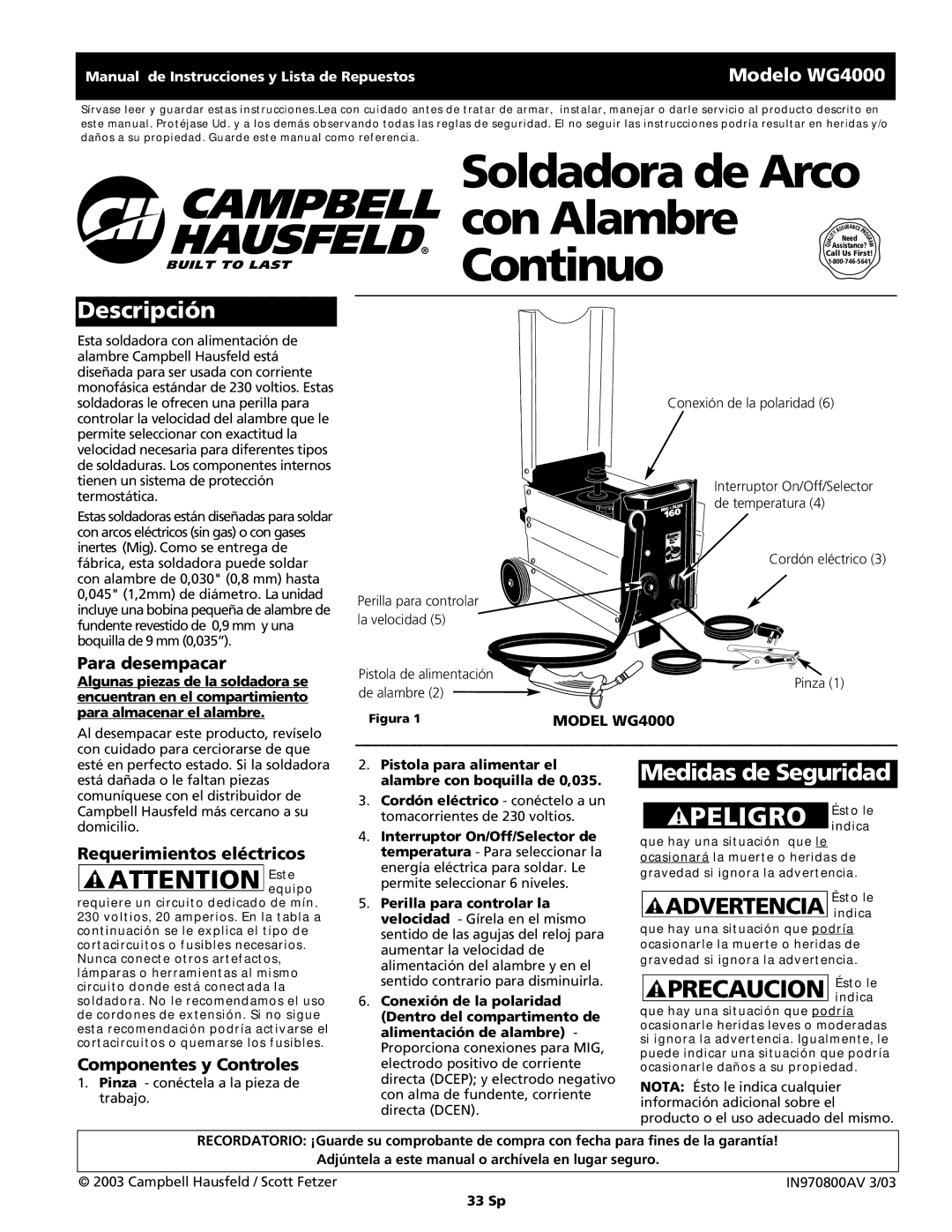 Campbell Hausfeld WG4000 operating instructions Descripción, Medidas de Seguridad, Advertencia indica, Para desempacar 