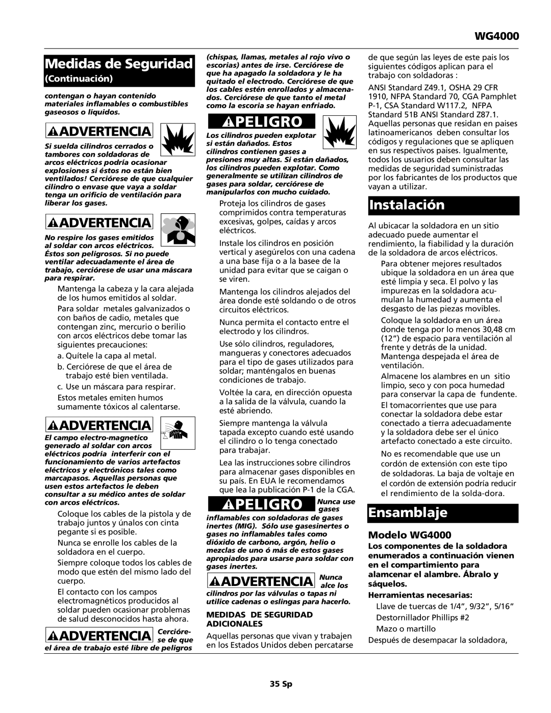 Campbell Hausfeld operating instructions Advertencia Cercióre, Advertencia Nunca, Instalación, Ensamblaje, Modelo WG4000 