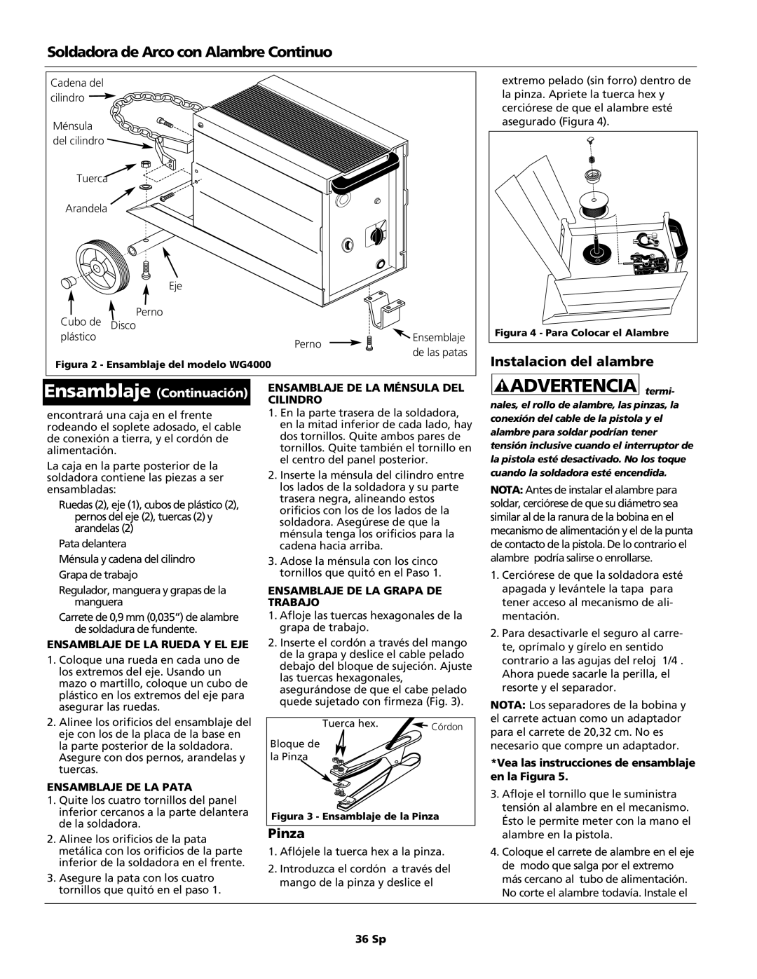 Campbell Hausfeld WG4000 operating instructions Advertencia termi, Instalacion del alambre, Pinza 