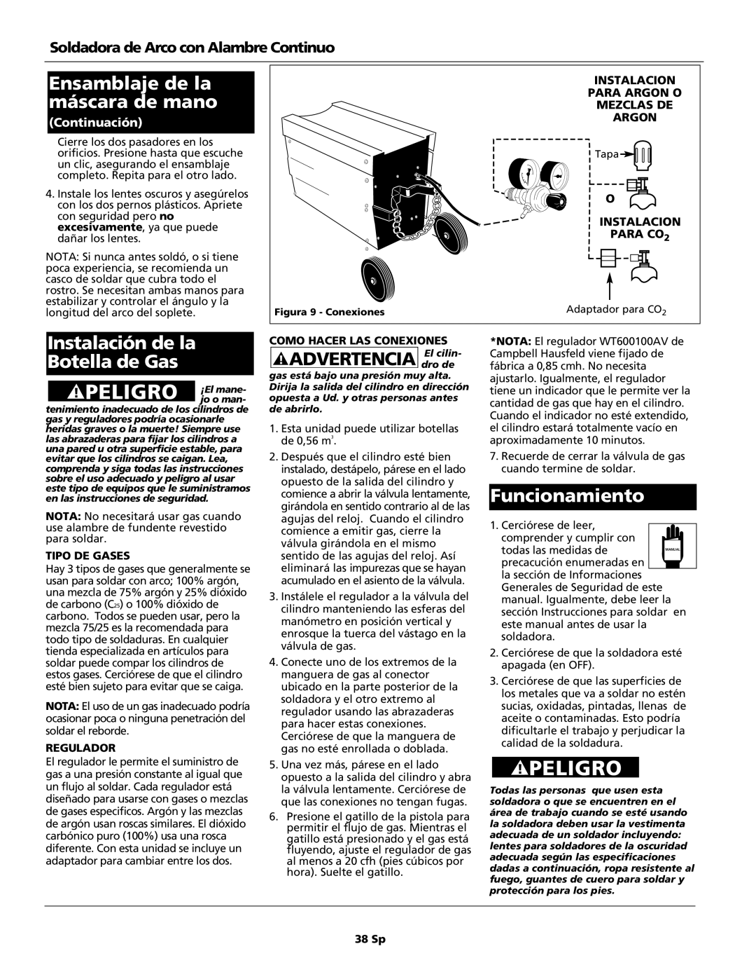 Campbell Hausfeld WG4000 operating instructions Instalación de la Botella de Gas, Advertencia El cilin, Funcionamiento 