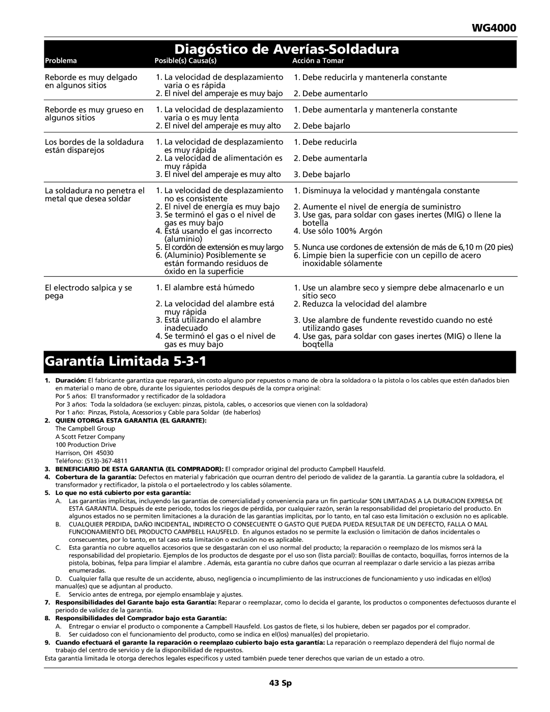 Campbell Hausfeld WG4000 operating instructions Diagóstico de Averías-Soldadura, Garantía Limitada, 43 Sp 