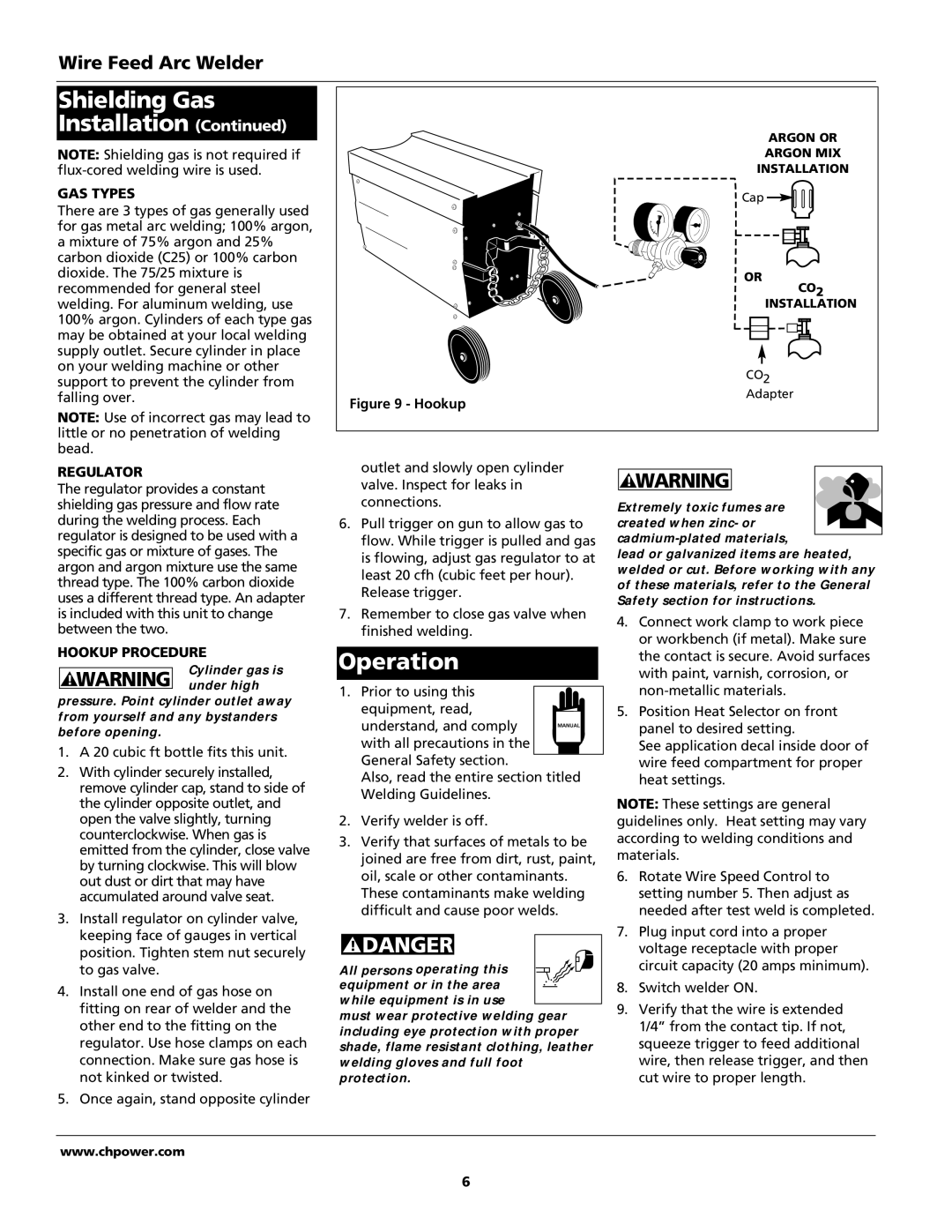 Campbell Hausfeld WG4000 operating instructions Operation, GAS Types, Regulator, Hookup Procedure 